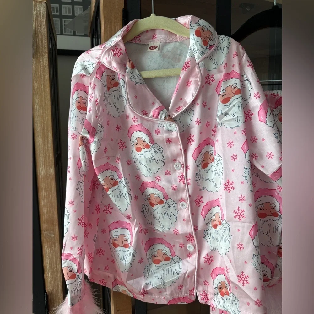 Santa pajamas set feather trim silky satin long sleeve button down christmas top